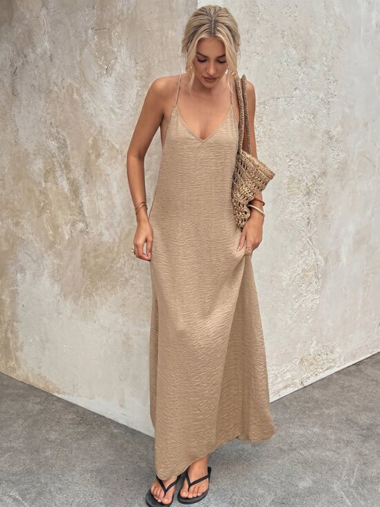 Dresses & Skirts - Women’s Beige Backless Maxi Dress Spaghetti Strap Boho Beach Vacation Chic